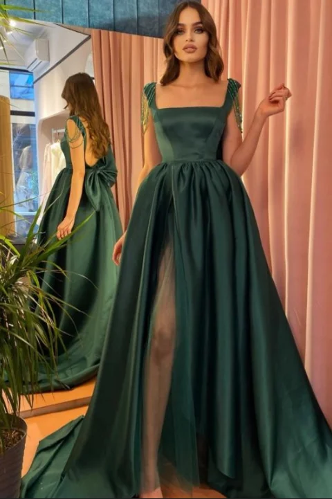 Zip-Up DressSquare neck Long Evening Dress Side Slit Backless Formal Dress with Bow Tie gh2419