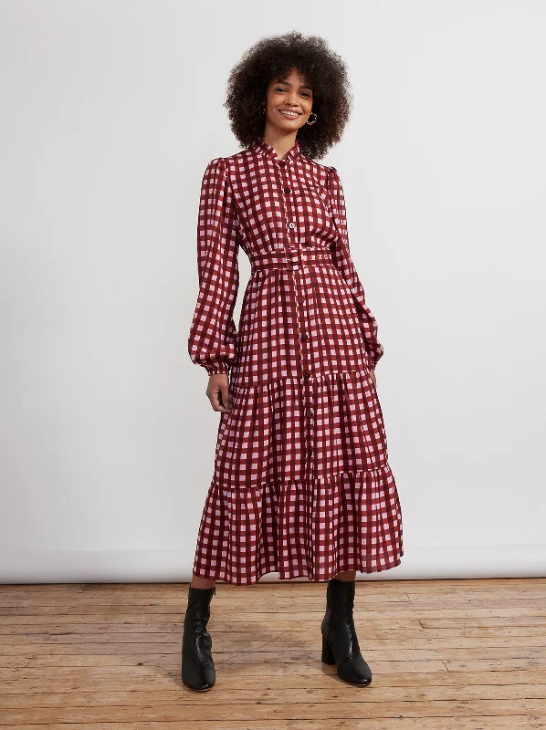 Short-Sleeve DressLori Pink Check Midi Dress