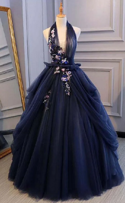 women's everyday dressesBall Gown Blue Tulle Lace Long Prom Dresses Deep V Neck Backless Evening Dresses  gh2224