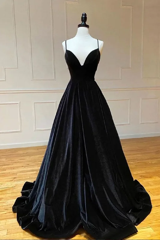 women's flutter-sleeved dressesA Line V Neck Backless Black Velvet Long Prom Dresses, V Neck Black Formal Dresses, Black Velvet Evening Dresses  gh2235