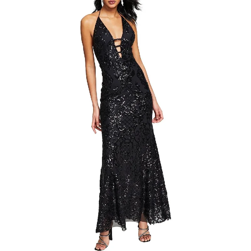 Zip-Up DressBlondie Nites Womens Juniors Sequin Cut-Out Evening Dress