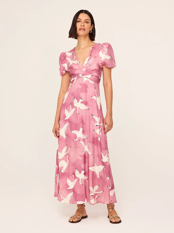 Tea-Length DressBernice Pink Swans Print Midi Dress