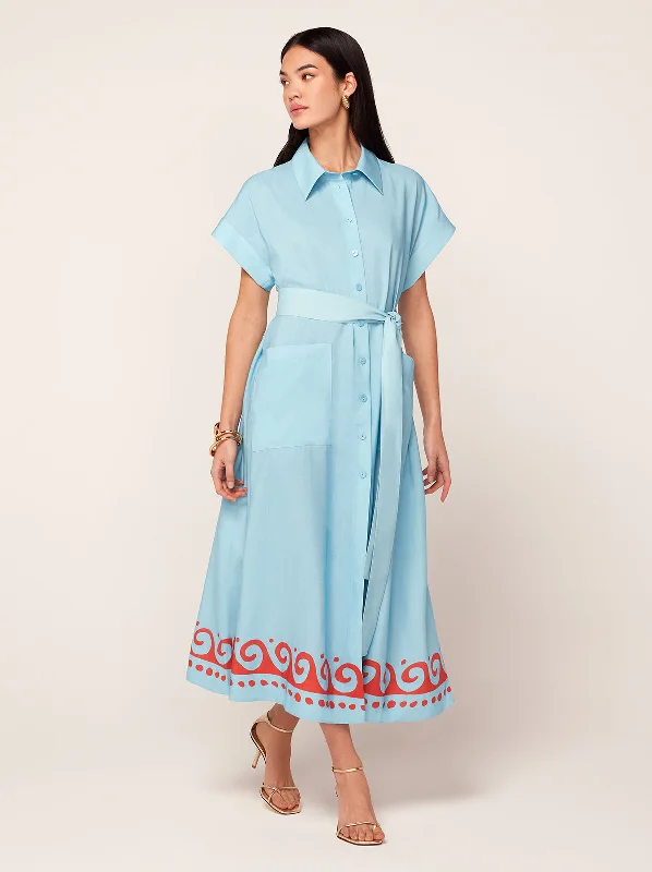 Sweetheart Neckline DressAlessandra Blue Wave Print Midi Shirt Dress