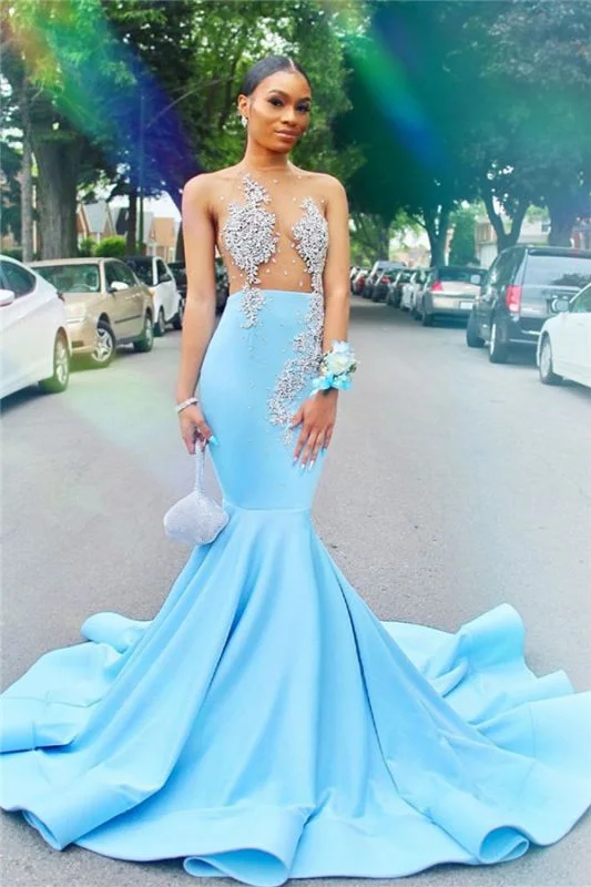 Tiered DressMermaid Sheer Tulle Sexy Prom Dresses for Juniors | Crystals Sky Blue Evening Gowns gh2426