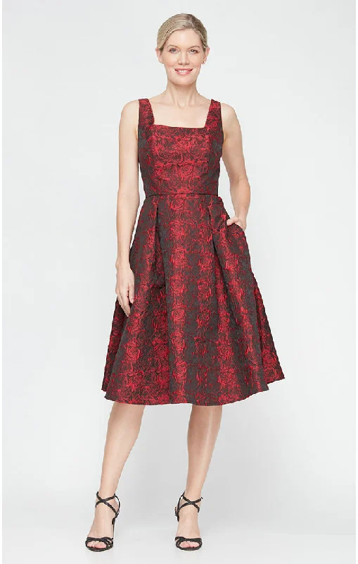 Wedding DressMidi Printed Jacquard Dress with Square Neckline & Full Skirt