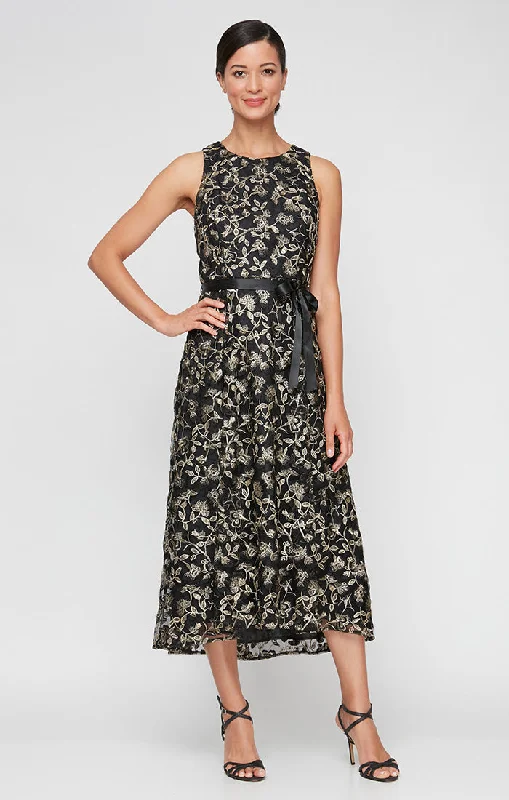 Ball Gown DressMidi Embroidered Sleeveless Dress with High/Low Hem & Tie Belt