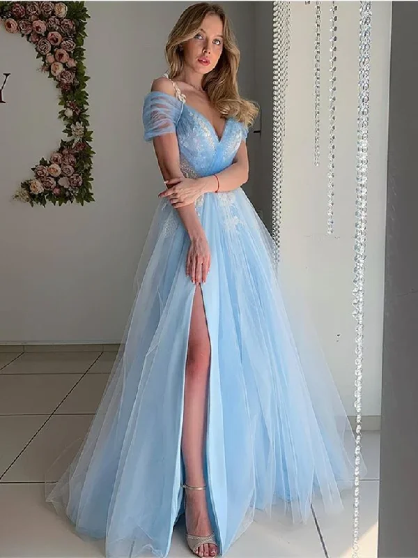 women's unique dressesElegant Off Shoulder Light Blue Tulle Long Prom Dresses, Off the Shoulder Light Blue Formal Evening Dresses  gh2212