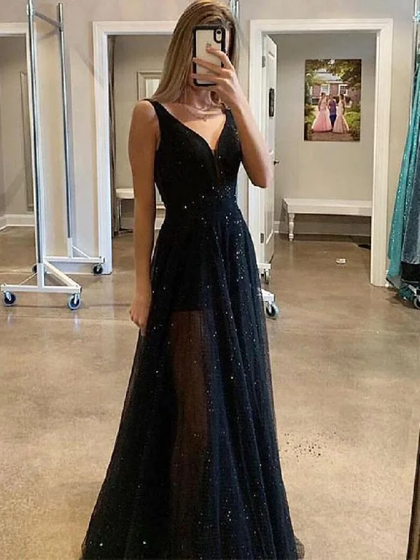 Embellished DressCustom Made A Line V Neck Sparkly Sequins Black Long Prom Dresses,Black V Neck Sequins Long Evening Dresses  gh2292