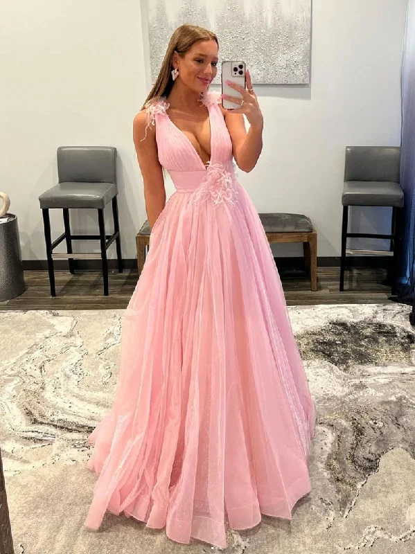 Sleeveless DressPink v neck tulle long prom dress, pink tulle evening dress gh2498