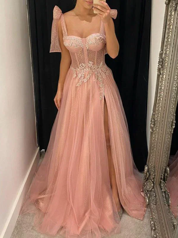 women's custom dressesAline Pink Modest Sleeveless Long Prom Dresses, Evening Dress With Split gh2529