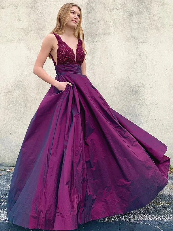 women's handmade dressesV Neck Backless Purple Lace Prom Dresses, V Neck Open Back Purple Lace Formal Evening Dresses gh2219