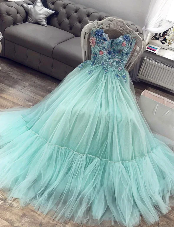 women's bespoke dressesGreen tulle lace long prom dress evening dress  gh2210