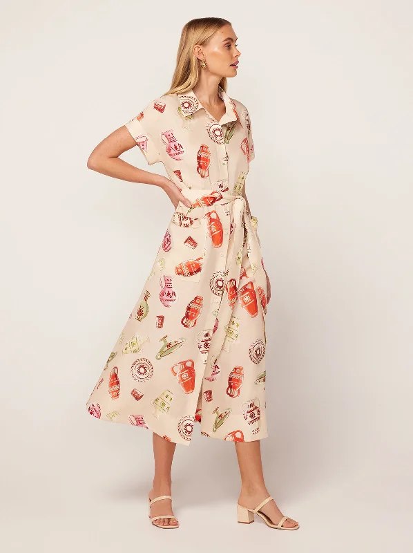 Retro DressAlessandra Ivory Pottery Print Midi Shirt Dress