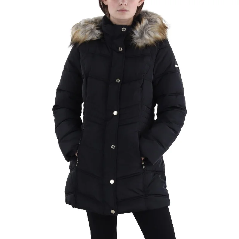 women's coats for countryside strollsWomens Faux Fur Trim Hooded Puffer Jacket