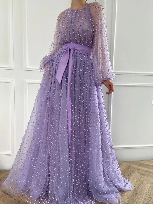 Peplum Hem DressPurple round neck tulle beaded long ball gown, purple evening dress gh2150