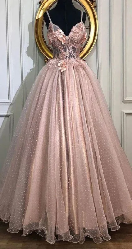 Bohemian DressA-line V-Neck Tulle Long Prom Dresses, Pearl Pink Appliques Formal Evening Dress gh2126