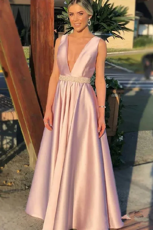 Custom DressFashion A Line Deep V Neck Pink Beaded Open Back Prom Dresses Evening Formal Dress gh2269