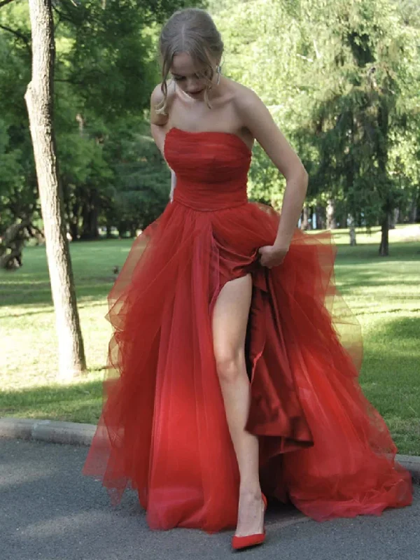 women's stretchy dressesStrapless Red Tulle Long Prom Dresses, Red Tulle Long Formal Evening Dresses gh2548