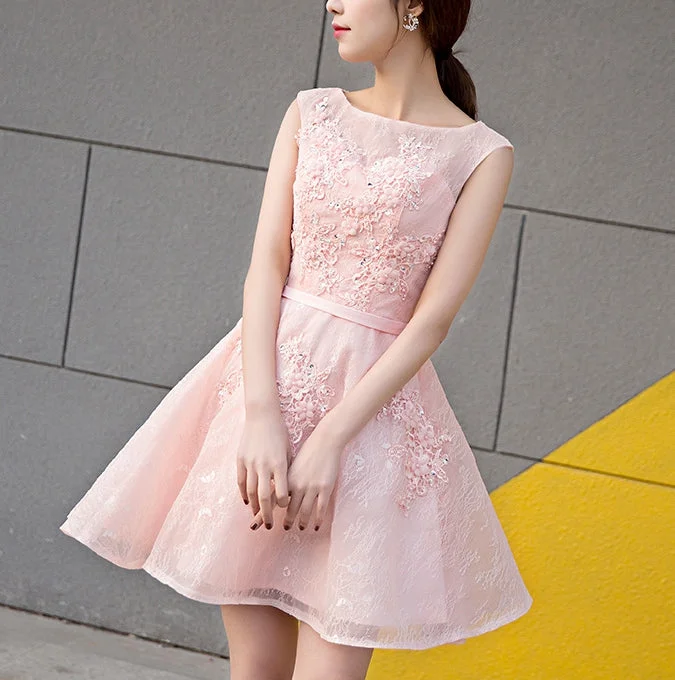 Body-Hugging DressCute pink lace short prom dress,pink evening dress,homecoming dresses  7109