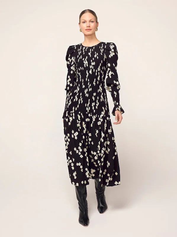 Bridesmaid DressWren Black Blurred Floral Shirred Midi Dress