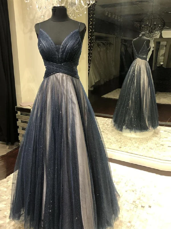 women's formal dressesDark Navy Blue Tulle Long Prom Dresses, Backless Dark Blue Long Formal Evening Dresses  gh2265