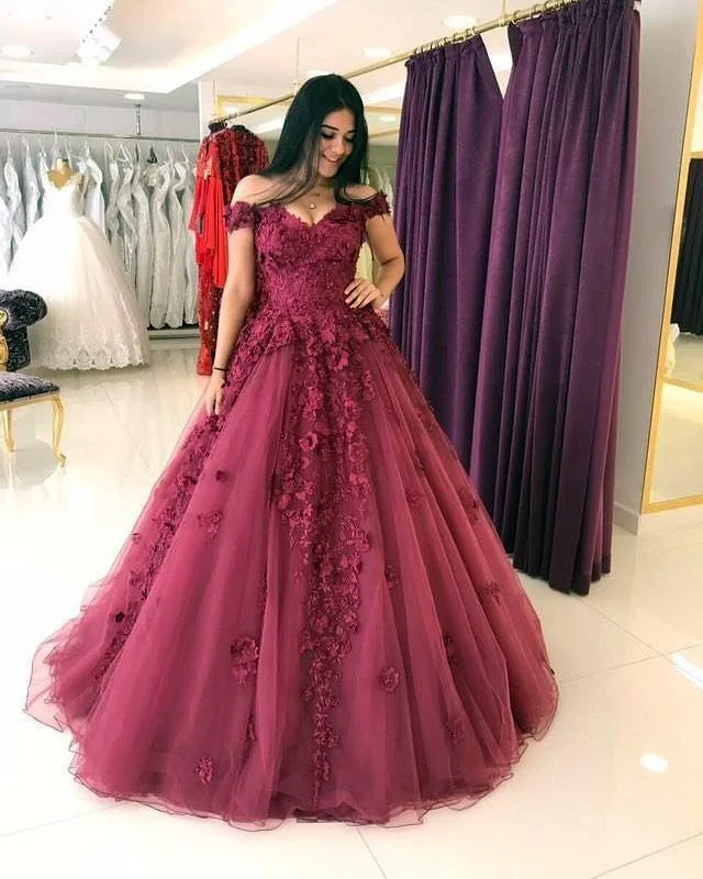 Bow-Tie DressLace Appliques Prom Dresses Ball Gowns,Tulle Quinceanera Dress,Off Shoulder Evening Gowns gh2435