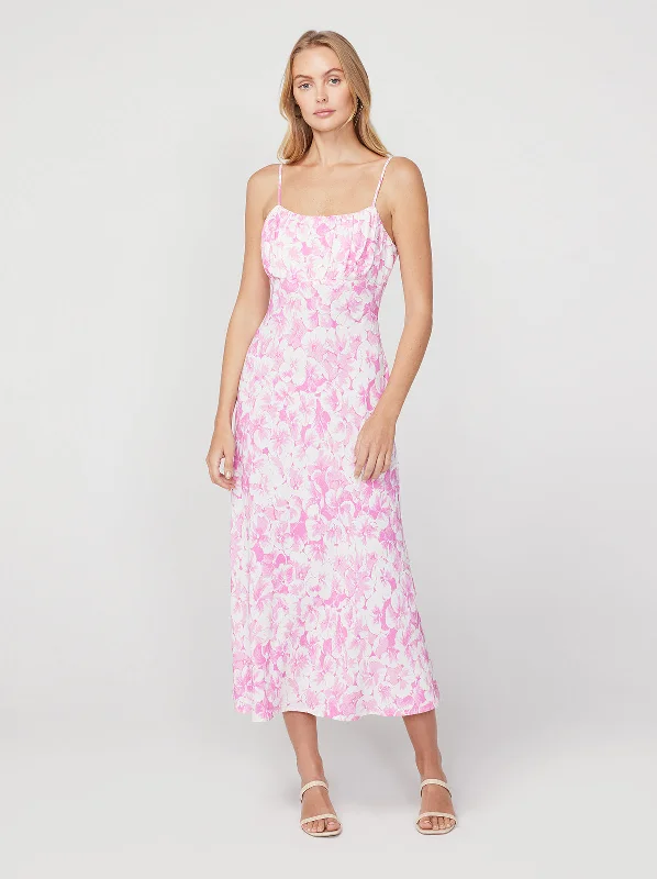 women's velvet dressesVelma Pink Pansy Print Midi Dress