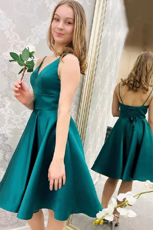 Backless DressCute V Neck Short Green Satin Prom Dress Homecoming Dress, V Neck Green Formal Graduation Evening Dress gh1755