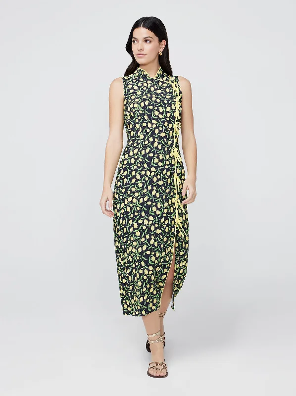 women's one-shoulder dressesVirginia Yellow Tulip Print Midi Dress