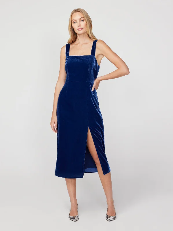 Flutter-Sleeve DressMara Navy Velvet Midi Dress