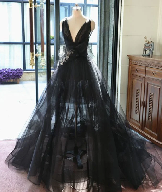 Leather DressCharming Prom Dress,Black Deep V Neck Tulle Evening Dress,Ball Gown Evening Dresses,Backless Formal Evening Gowns gh2303