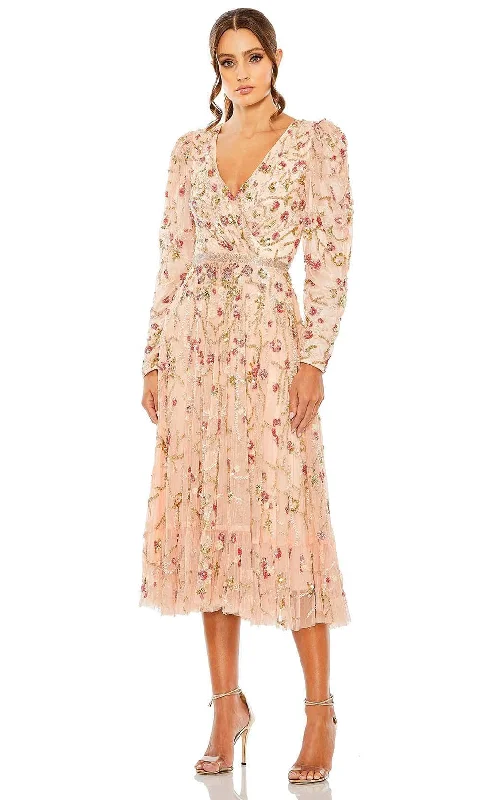 women's custom dressesMac Duggal 5580 - Puff Sleeve Floral Beaded Midi Dress