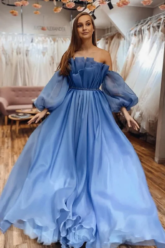 women's easy-to-wear dressesStrapless Blue Tulle Long Prom Dresses with Belt, Long Blue Formal Dresses, Blue Evening Dresses  gh2360