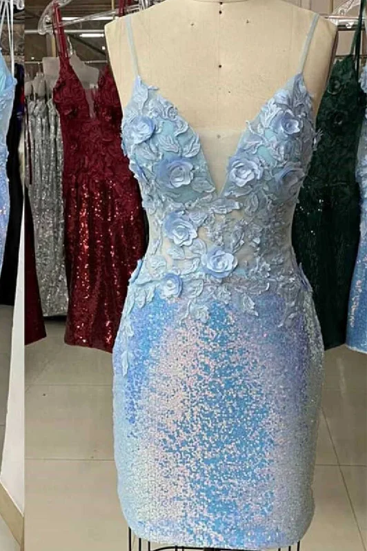 women's shift dressesLight Blue Sequin Appliques Bodycon Homecoming Dress gh1425