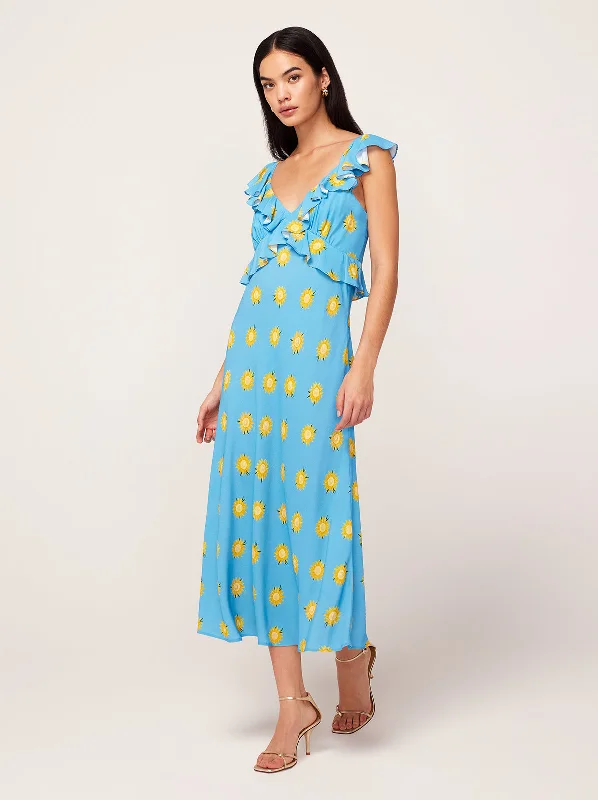 Custom DressRosemary Blue Sunflower Print Midi Dress