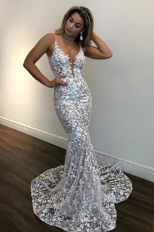 women's one-shoulder dressesDeep V Neck Mermaid Champagne Lace Prom Dress, Mermaid Champagne Formal Dress, Champagne Lace Evening Dress gh2244