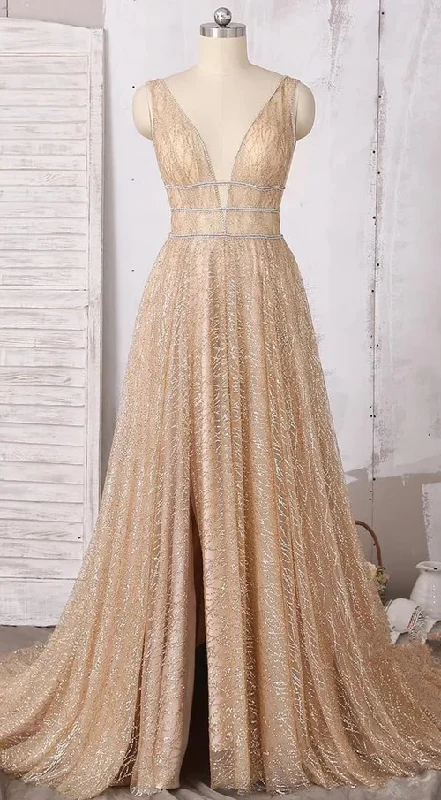 Laced DressA-line Deep V-neck Sleeveless Sequins Floor-length Prom Dresses, Long Evening Dresses   gh2291