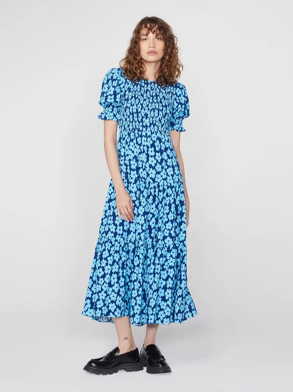 women's retro dressesPersephone Blue Blurred Floral Midi Dress