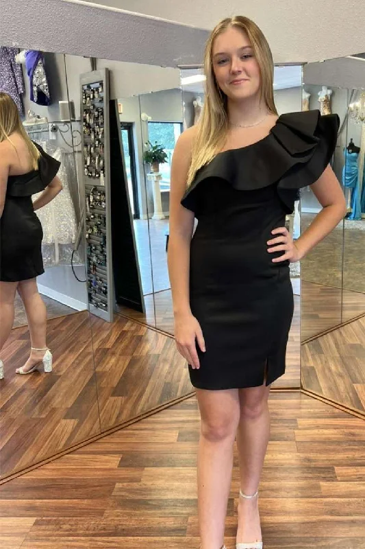 women's curve-hugging dressesBlack One-Shoulder Ruffles Bodycon Short Dress gh1266