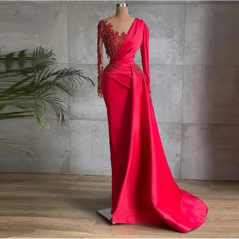 Mermaid DressGlamorous Red Satin Dubai Evening Dresses Long Sleeves Sheer Neck Beads 2024 Prom Gowns Celebrity Formal Dress  gh2202