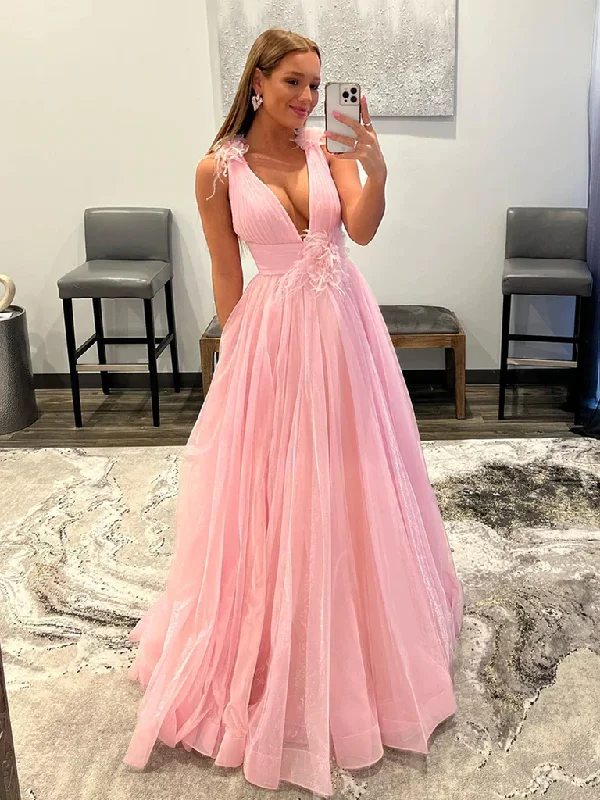 Bridesmaid DressV Neck and V Back Pink Tulle Long Prom Dresses, V Neck Pink Formal Graduation Evening Dresses  gh2518