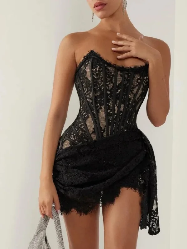 Statement DressStrapless Lace Corset Mini Dress - Sleeveless Bodycon Christmas Party Dress