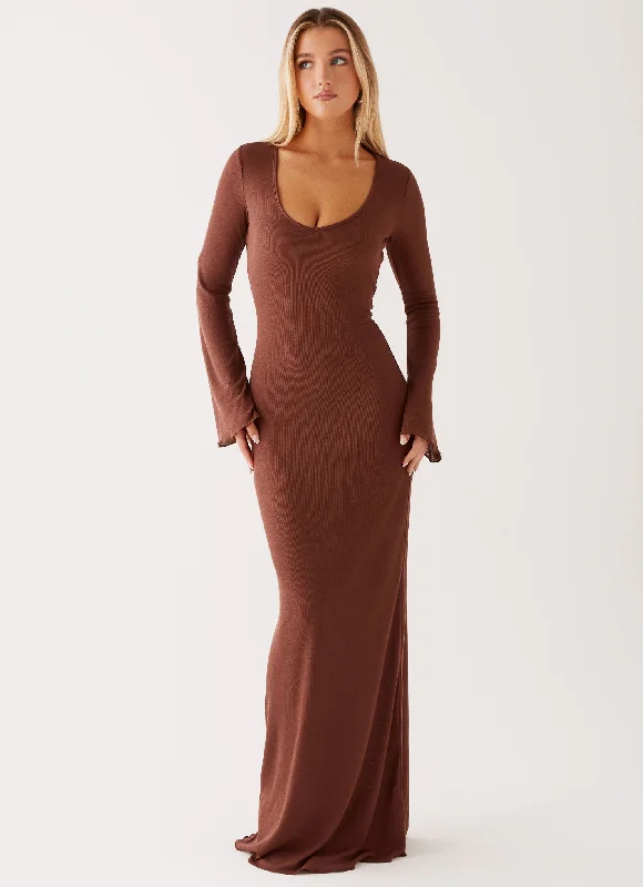 women's statement dressesCosy Days Long Sleeve Maxi Dress - Brown