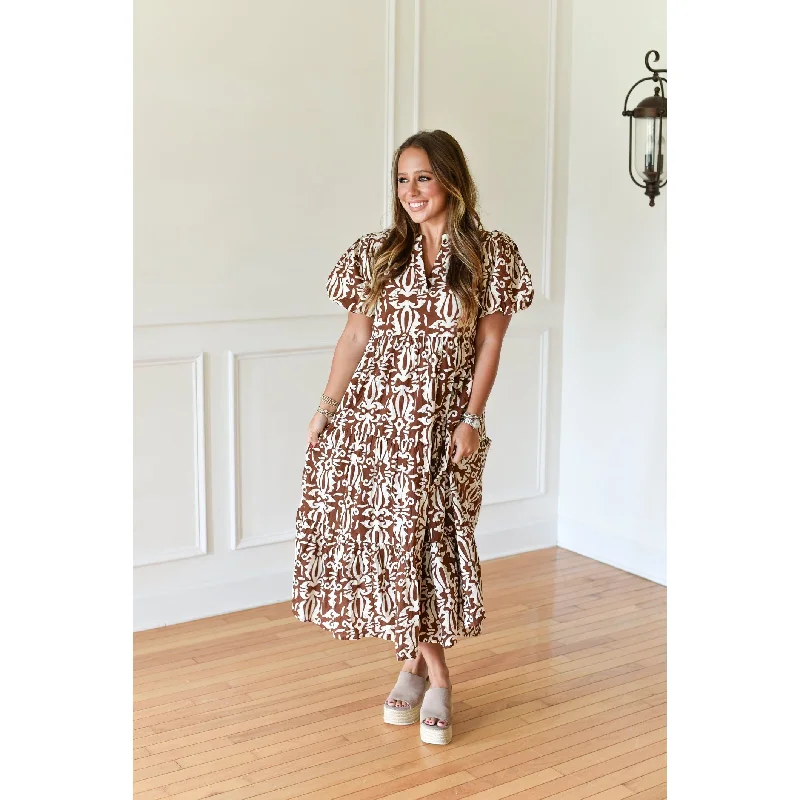 women's ethical fashion dressesLillian Brown and White Tiered Print Maxi Dress