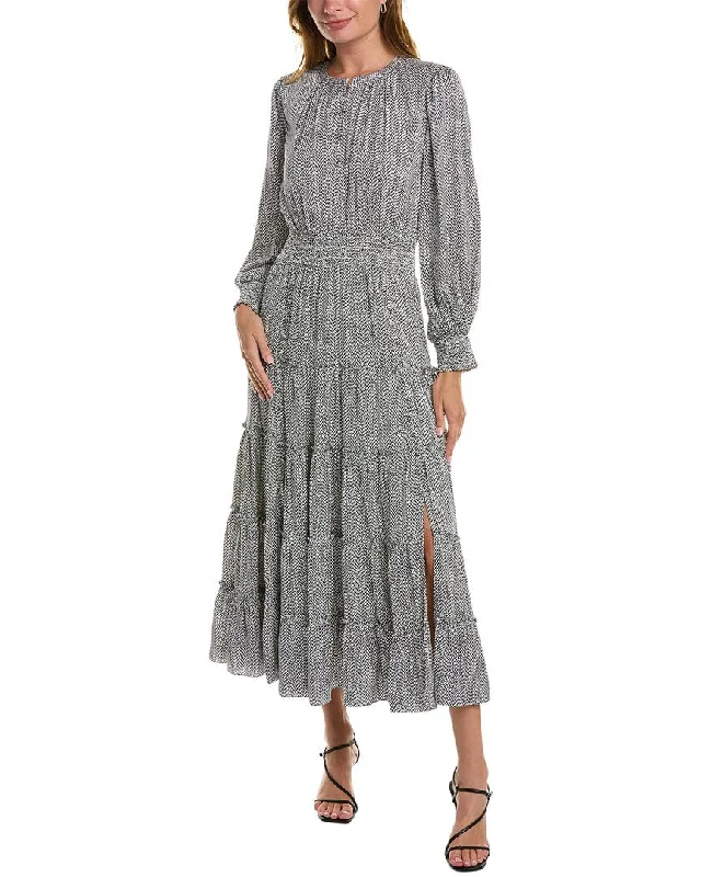 women's maximalist dressesElie Tahari Smocked Silk-Blend Maxi Dress