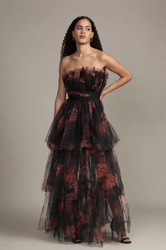 Peplum DressNatalia Tulle Maxi Dress in Black and Red Floral