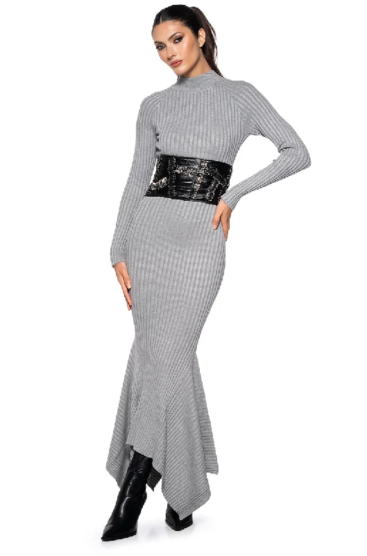 Minimalist DressFORGET ME NOT LONG SLEEVE MOCK NECK MAXI DRESS IN HEATHER GREY