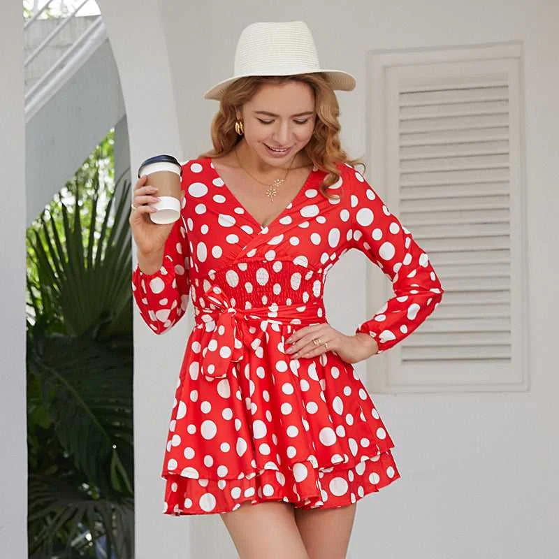 Metallic DressKittenAlarm - Vintage Polka Dot Printed Long Sleeve V-neck Mini Dress