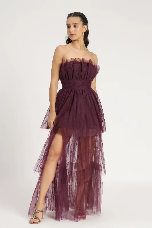 Crepe DressNatalia Tulle Maxi Dress in Plum