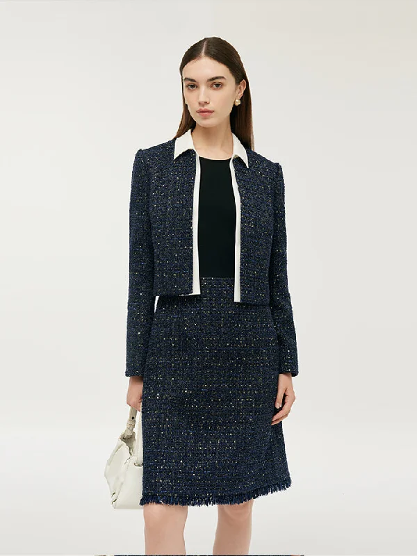 Tweed Women Crop Jacket With Detachable Lapel And Mini Dress Two-Piece Set